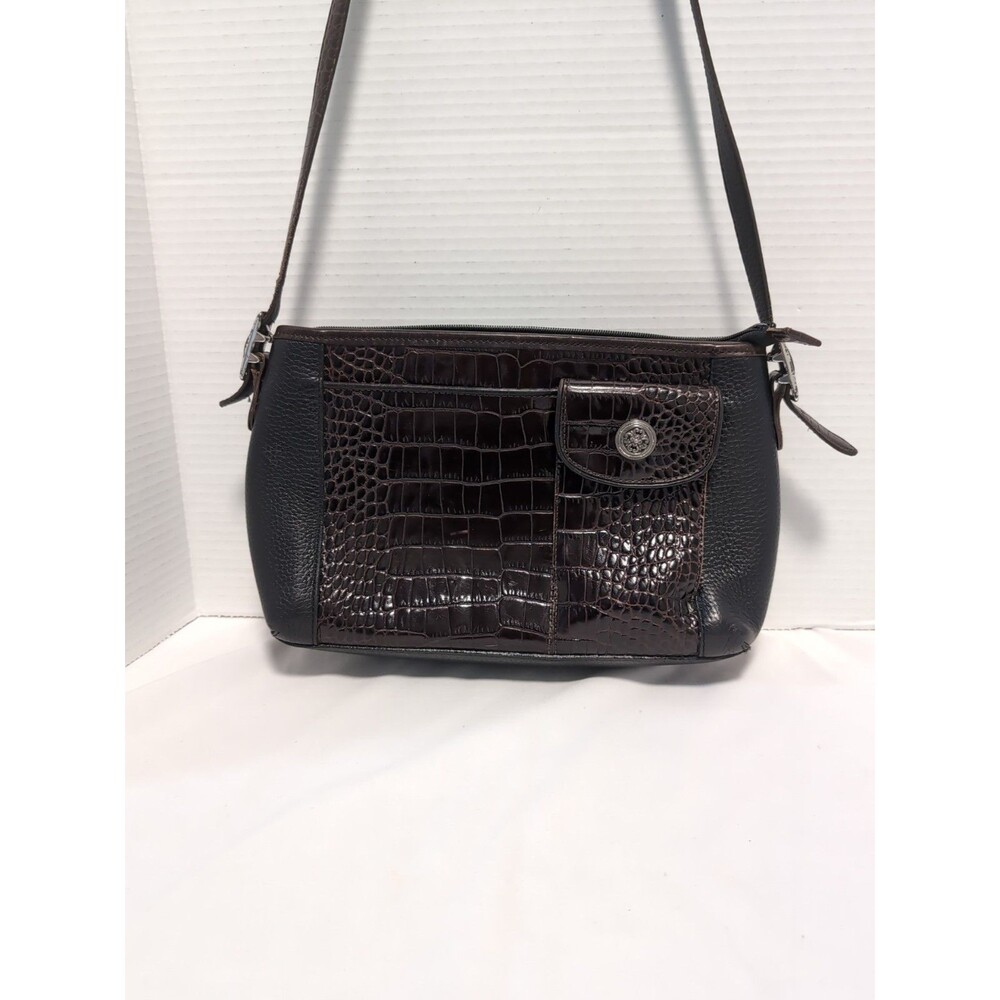 BRIGHTON SHOULDER BAG Black Brown Leather Silver Logo Crossbody A534521 VINTAGE